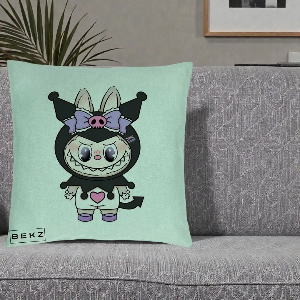 Perna Personalizata Labubu x Kuromi, 40x40 cm, Verde Menta, Husa Detasabila, Perna Inclusa, BEKZ®