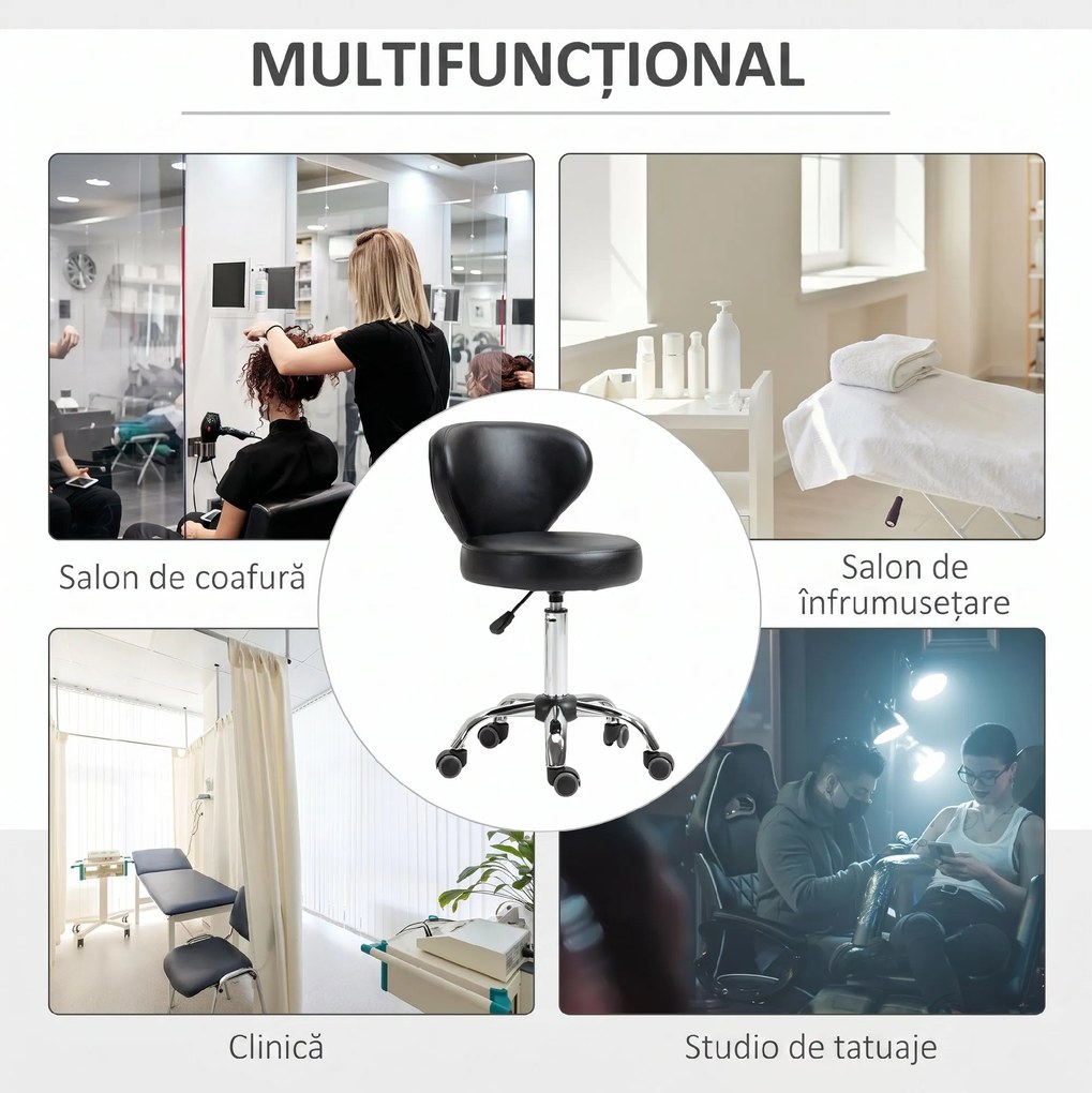 HOMCOM Taburet Rotativ 360° Reglabil, Taburet Cosmetic cu Spătar, din Oțel și Piele Ecologică, Negru | Aosom Romania