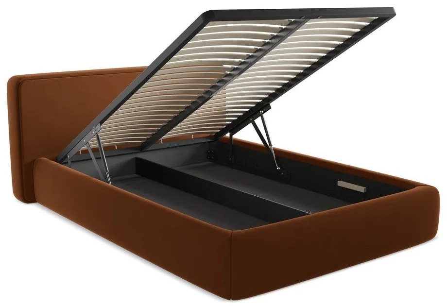 Pat matrimonial teracotă tapițat cu spațiu de depozitare cu somieră 140x200 cm Kiana – Makamii