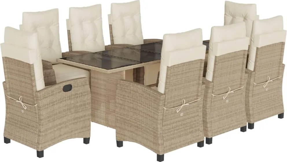 vidaXL Set de masă pentru grădină, 9 piese, cu perne, bej, poliratan
