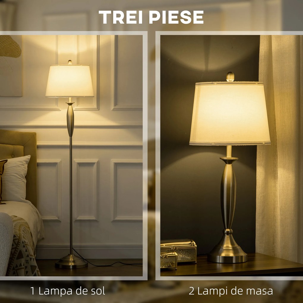 HOMCOM Set Iluminat Rezidențial cu Lampă de Podea și Veioză, Design Metalic și Textil, Alb și Argintiu, pentru Casă și Birou | Aosom Romania