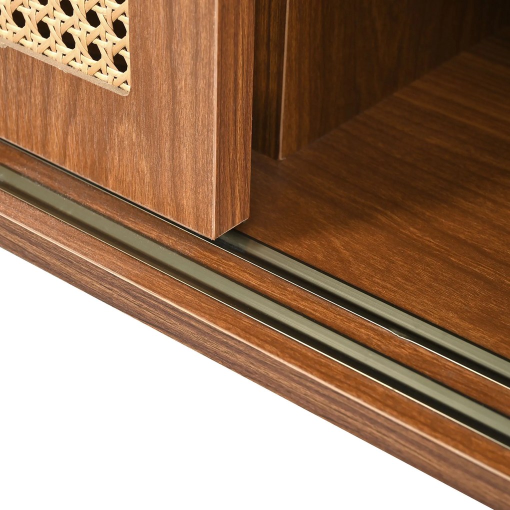 Comodă cu 3 sertare și 3 uși glisante, uși cu împletitură de ratan, 120×40×78 cm, Culoare naturală