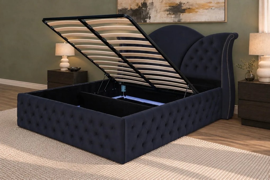 Pat tapițat Chesterfield din catifea Velora Deluxe Classic 180×200 cm, negru, cu ladă de depozitare