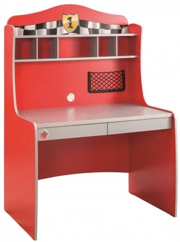 Masa de birou din pal, cu etajera si 2 sertare, pentru copii, Race Cup Rosu / Albastru deschis, L104xl68xH152 cm