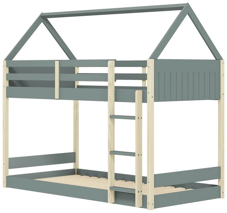 Pat pentru copii în culoare naturală/verde prăfuit de tip casă/supraetajat cu somieră 90x190 cm Valka – Marckeric