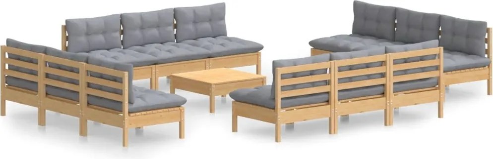 vidaXL Set mobilier grădină cu perne, 13 piese, gri, lemn de pin