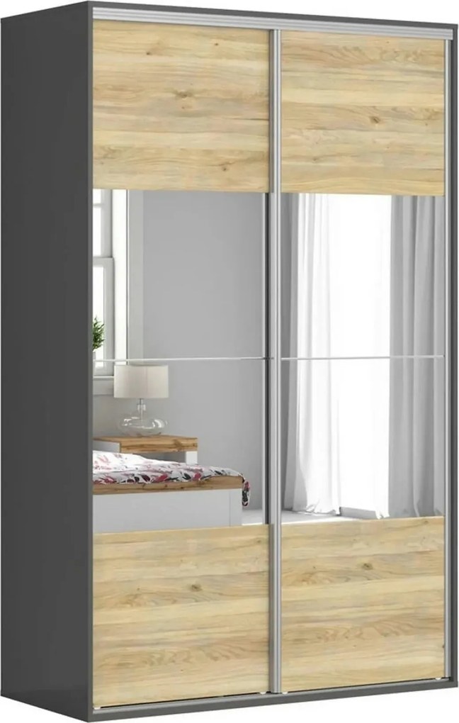 Dulap FLEX, gri grafit/stejar, cu 2 usi si 2 oglinzi, 150x66x240 cm