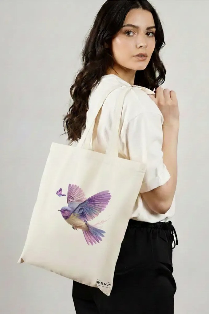 Sacosa de Panza pentru Cumparaturi, Geanta Tote, model Colorful Baby bird 38 x 34.5 cm, Alba, BEKZ®