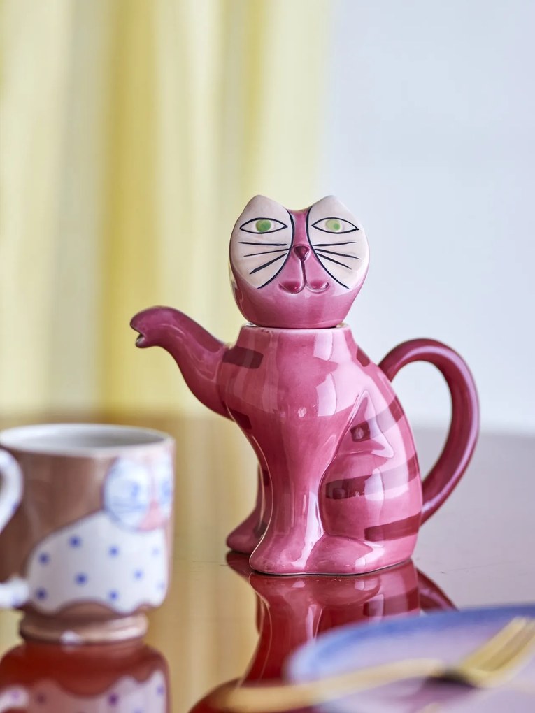 Ceainic din ceramică artizanală, multicolor, pictat manual în formă de pisică cu coadă curbată, 19x9x20,5 cm, 500 ml, „Missy"
