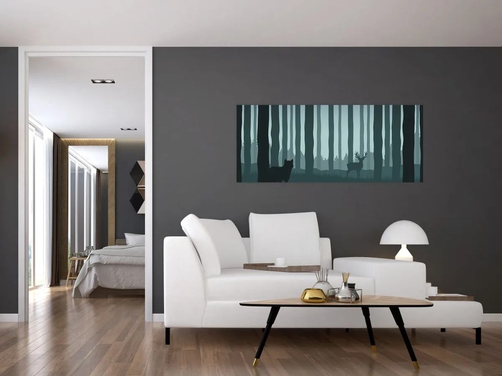 Tablou - Cerb cu lup pe stânci (120x50 cm)