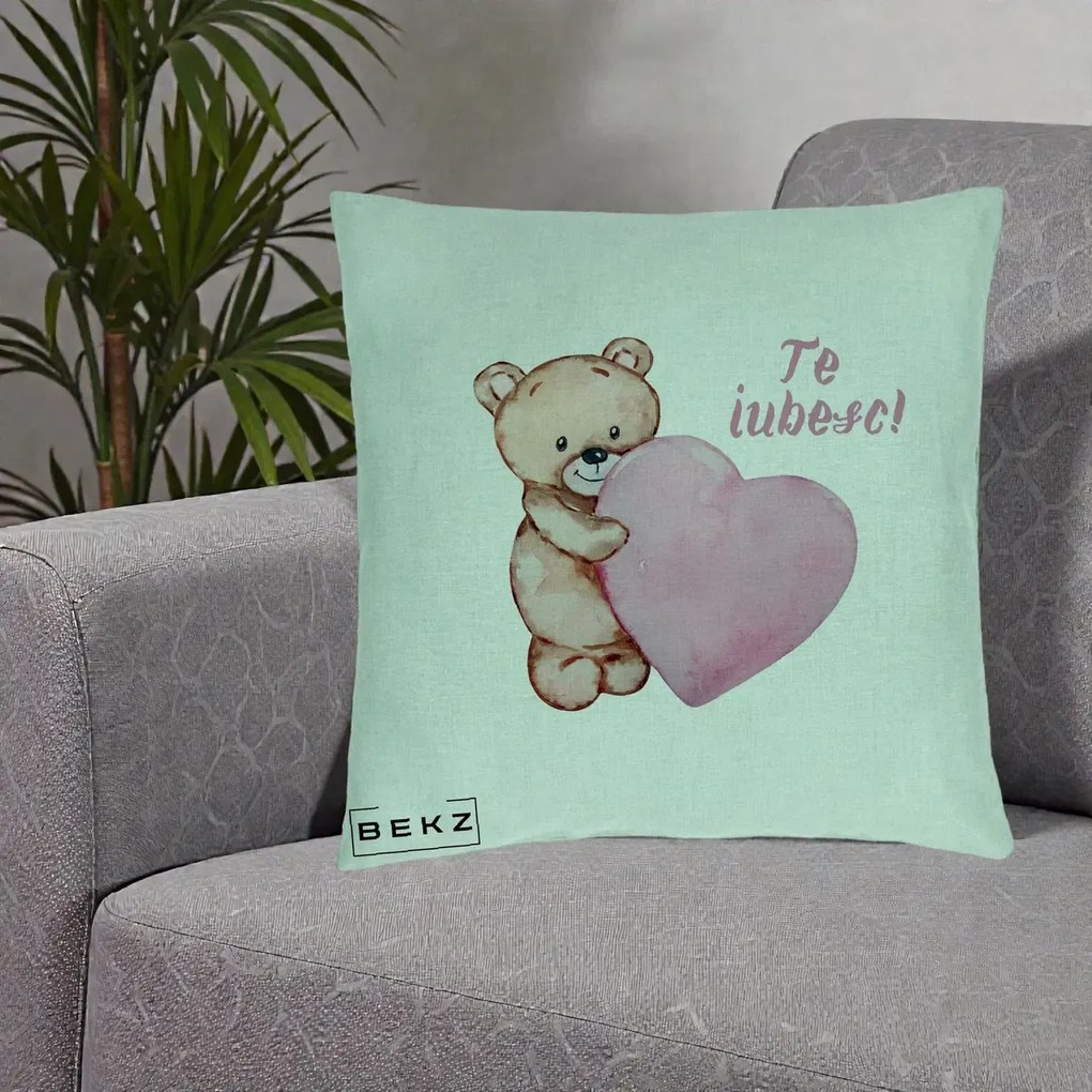 Cadou Romantic - Perna Personalizata Te Iubesc Ursulet cu Inima Roz Acuarela, 40x40 cm, Verde Menta, Husa Detasabila, Perna Inclusa, BEKZ®