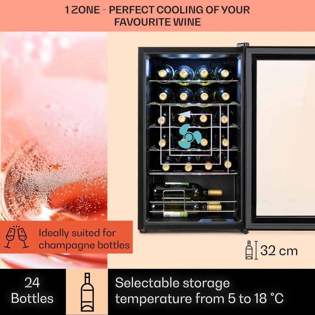 Klarstein Shiraz 24 Uno, vinotecă, 67 l, 24 de sticle, tactilă, 5 - 18 °C, neagră