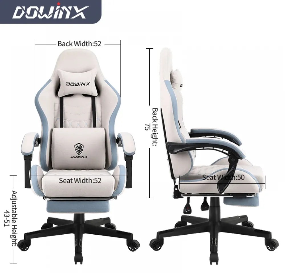 DOWINX Scaun gaming, ergonomic, suport lombar cu masaj, spătar înalt, reglabil, tetieră, rezistent 150 kg, material textil, suport pentru picioare, Ivory