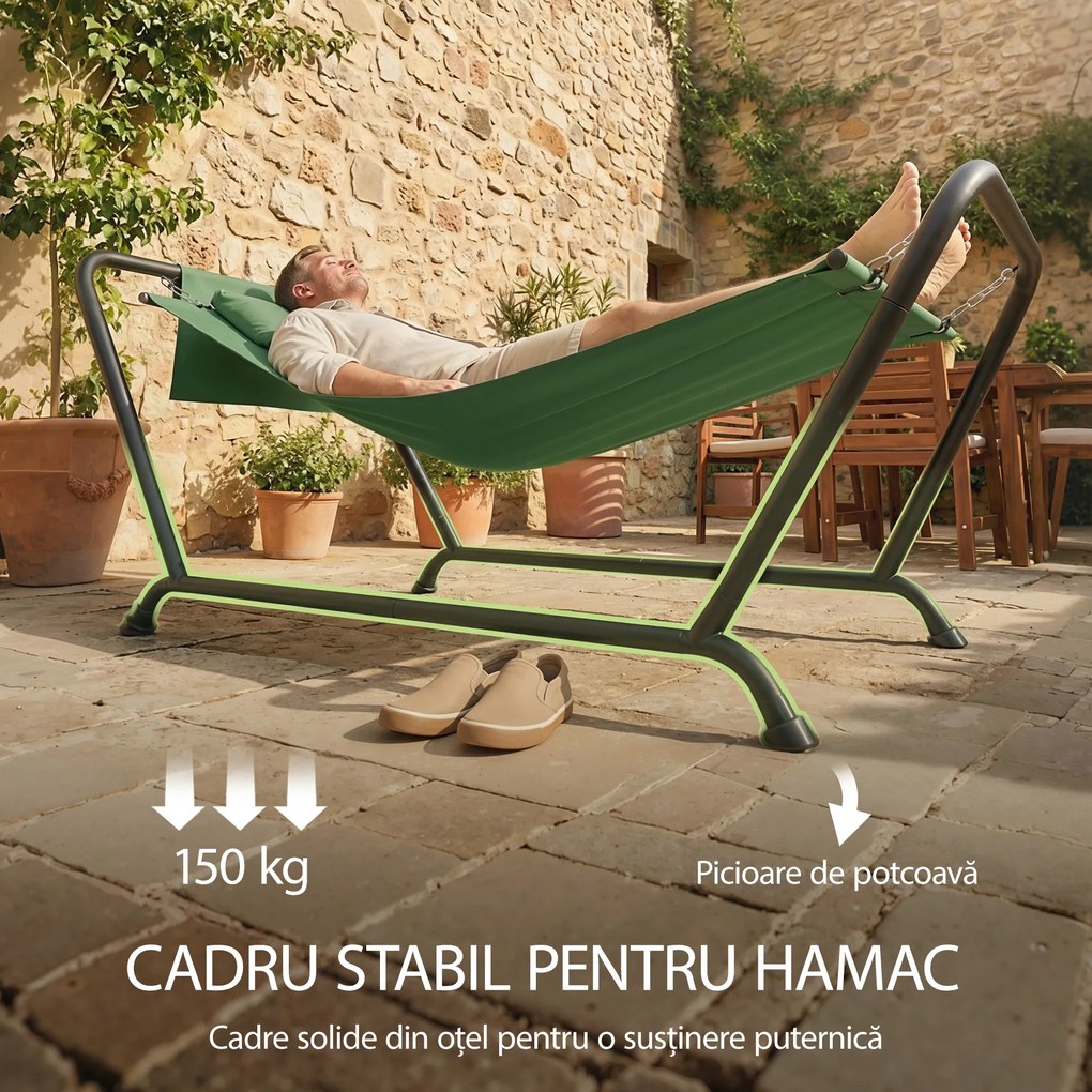 Outsunny Hamac de Exterior cu Suport, Hamac Autoportant cu Buzunar Lateral, Tetieră și Structură din Metal, Capacitate 150 kg pentru Grădină, Balcon, Terasă, 237 x 90 x 92 cm, Verde Închis | Aosom Romania