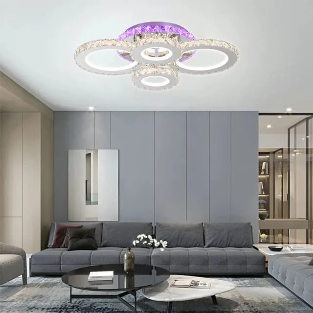 Lustra LED Cu Telecomanda, Cristal, 4 cercuri, Cromat , 140W, RGB,