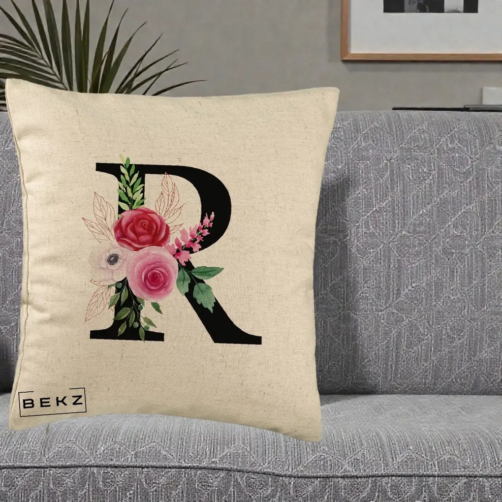 Cadou Personalizat - Perna Personalizata Monograma Florala Litera R, 40x40 cm, Bej, Husa Detasabila, Perna Inclusa, BEKZ®