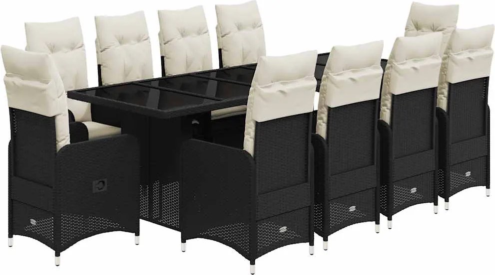 vidaXL Set bistro de grădină, 11 piese, cu perne, negru, poliratan