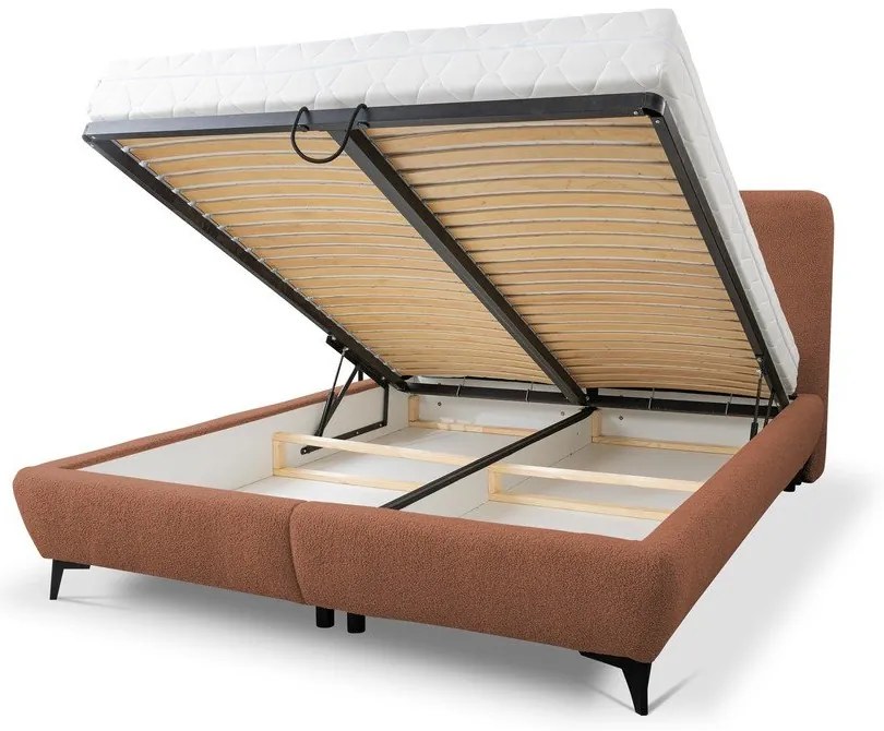 Pat matrimonial teracotă tapițat cu spațiu de depozitare cu somieră 160x200 cm Makapu – Makamii