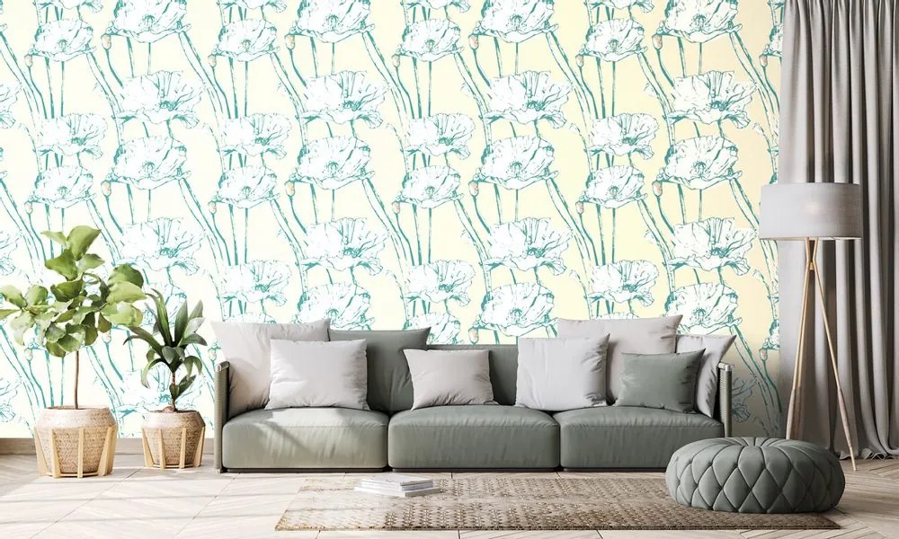 Tapet maci înfloritori în design galben-verde