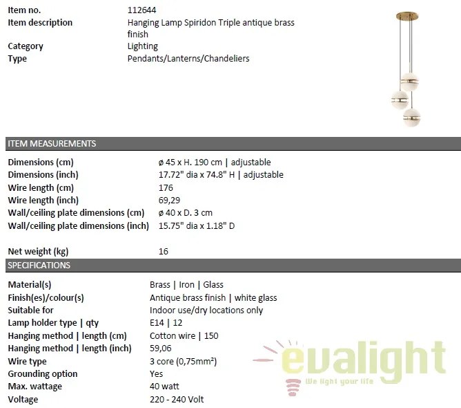 Lustra cu 3 pendule design LUX Spiridon alama 112644 HZ
