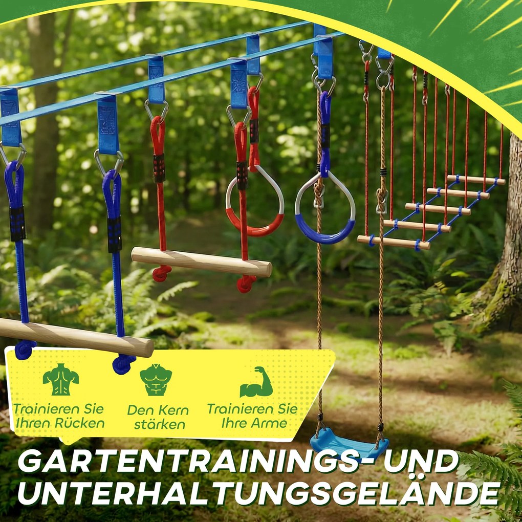 AIYAPLAY Ninja Line Set Slackline copii 24 m cu inele gimnastice, 7 obstacole, bară de cățărat, pod de echilibru pentru 3-6 ani Roșu+Albastru | Aosom Romania
