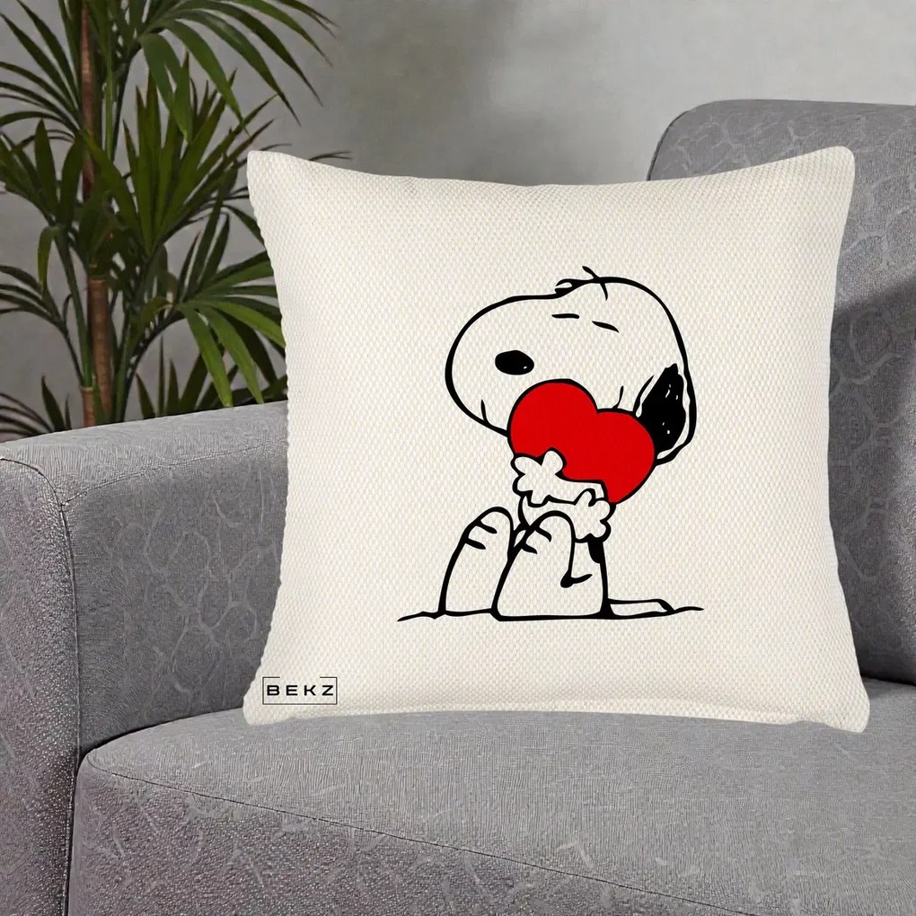 Perna Personalizata Snoopy cu Inima, 40x40 cm, Crem Reliefat, Husa Detasabila, Perna Inclusa, BEKZ®