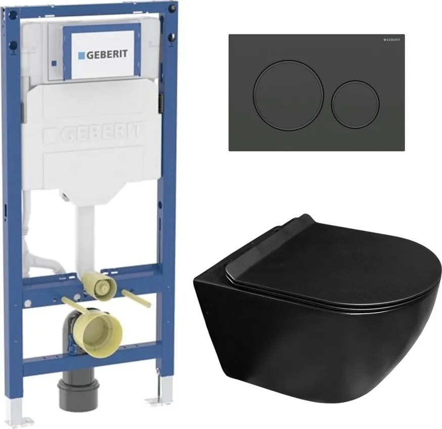 Set rezervor incastrat Geberit Duofix cu set fixare si clapeta Sigma20 negru mat plus vas WC Rune Ivaldi Grande cu capac softclose