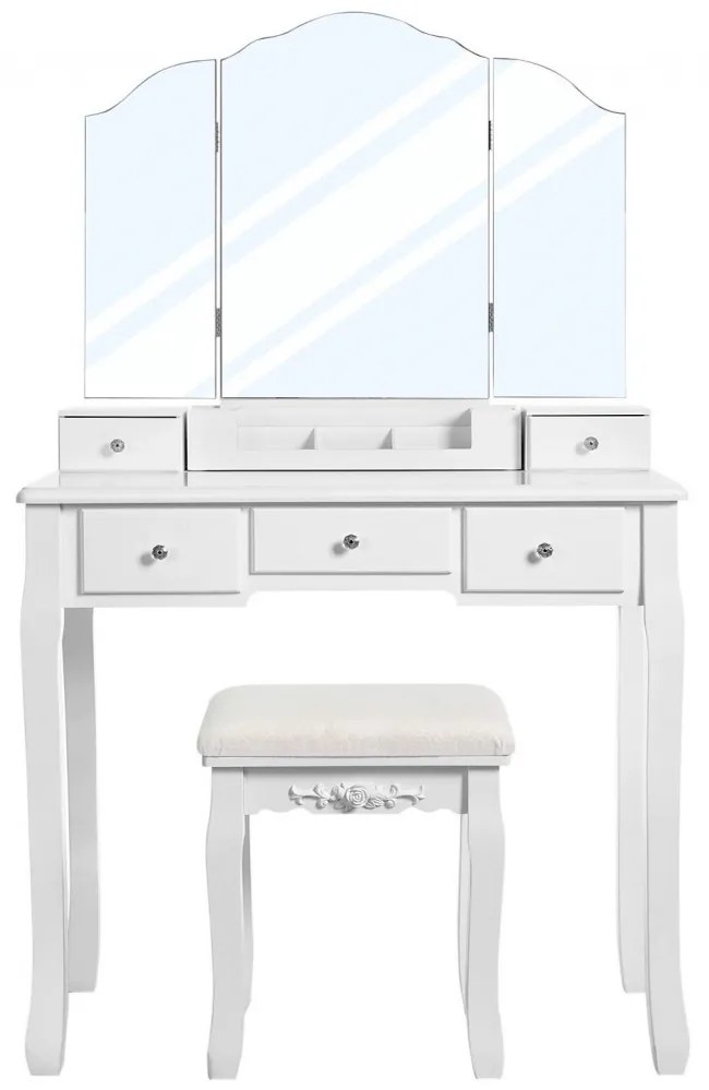 Set Barbara, Masă de toaletă cu 3 oglinzi, 5 sertare, organizator, scaun, Alb,