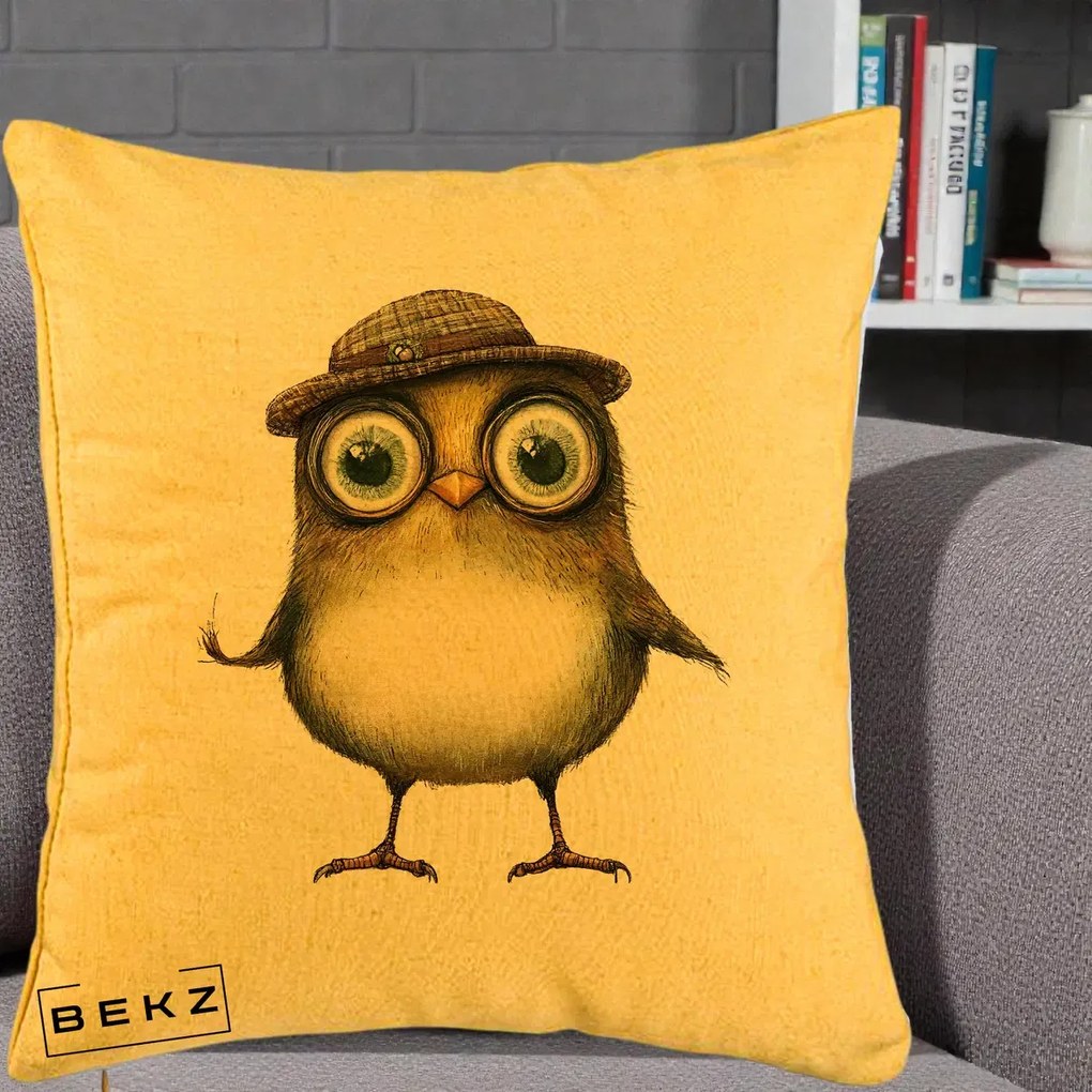 Perna Decorativa Pui Intelectual cu Palarie Tweed, 40x40 cm, Galben, Husa Detasabila, Perna Inclusa, BEKZ®