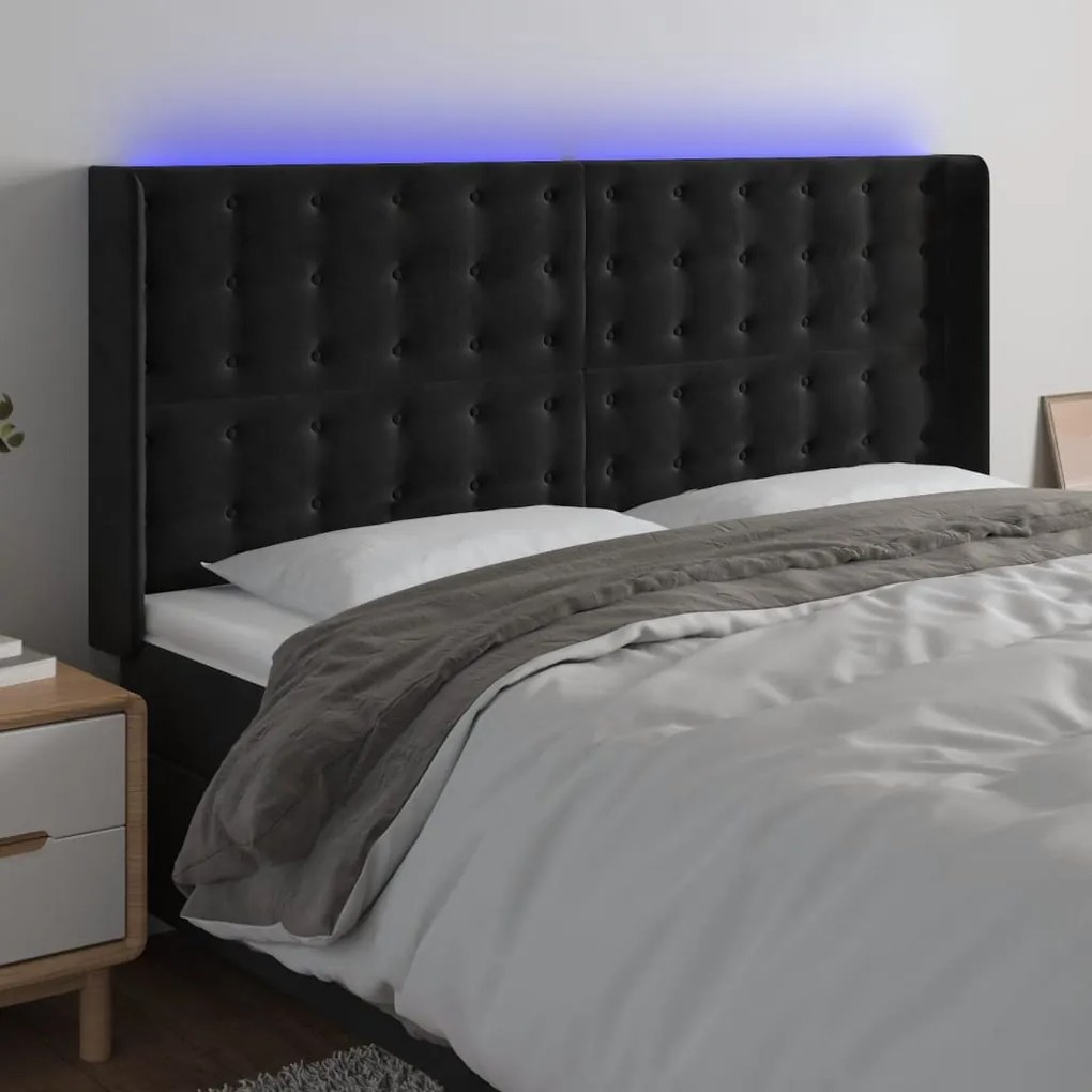 vidaXL Tăblie de pat cu LED, negru, 203x16x118/128 cm, catifea