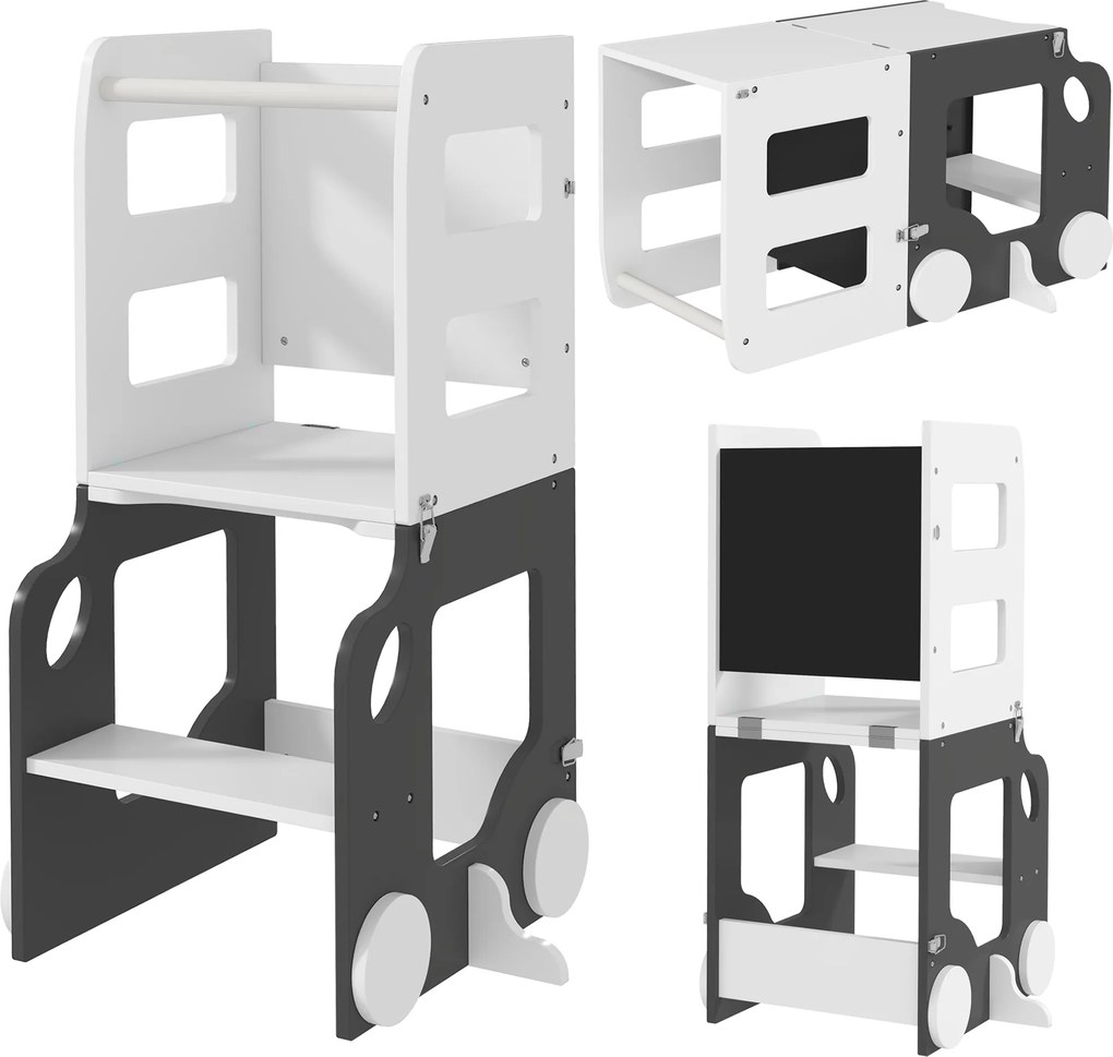 AIYAPLAY Scara Montessori 4 în 1 pentru Copii cu 2 Table și Set Masă și Scaun, din Lemn, 58x46x92 cm, Alb | Aosom Romania
