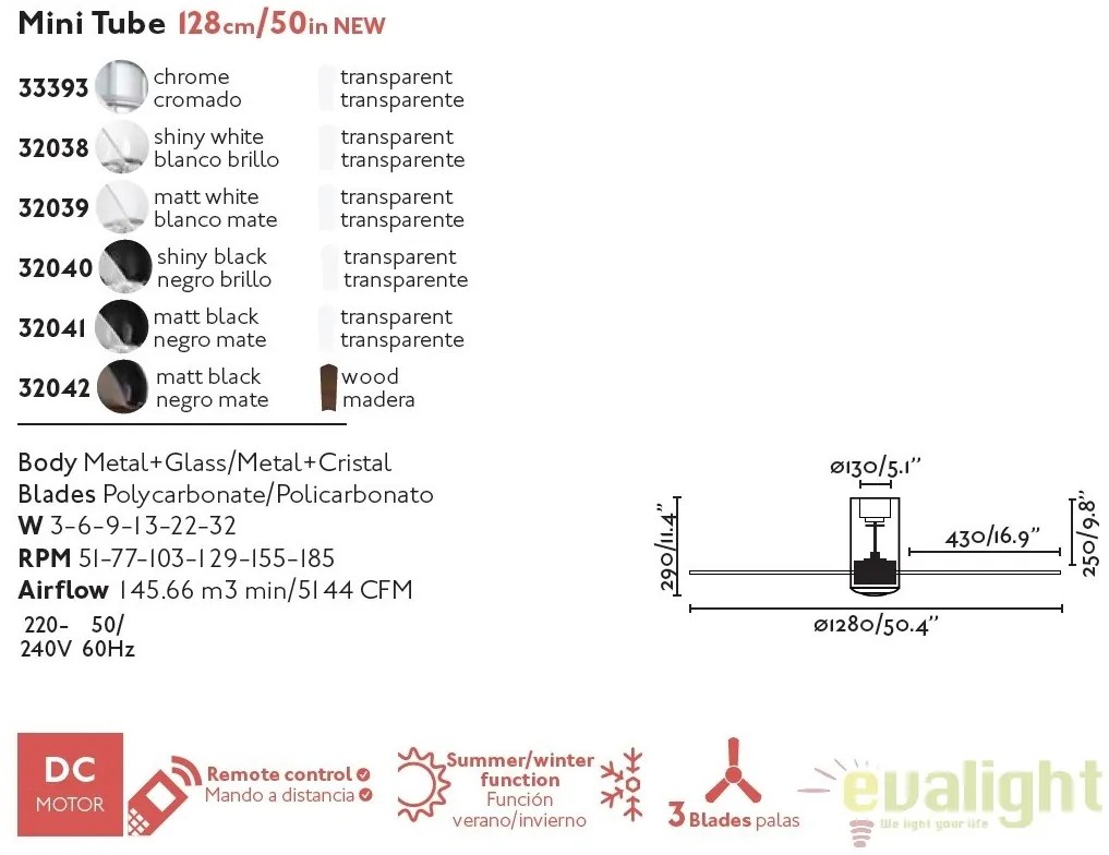 Ventilator de tavan modern cu telecomanda MINI TUBE FAN Transparent 33393