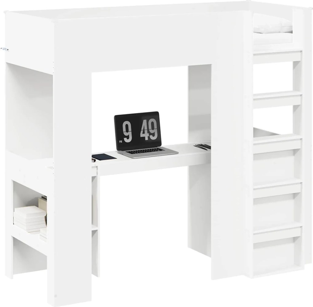 vidaXL Cadru de pat supraetajat cu birou Alb 75 x 190 cm Lemn compozit