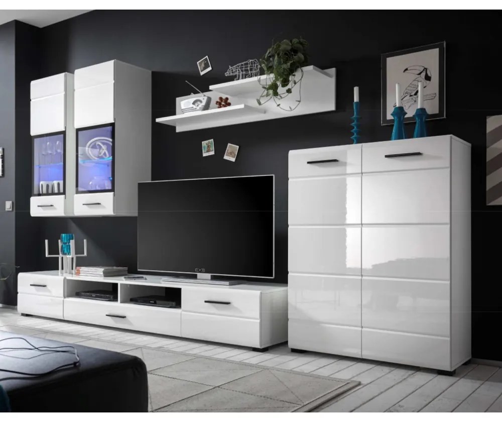 Mobilier perete living, alb extra lucios HG, ARCTIC