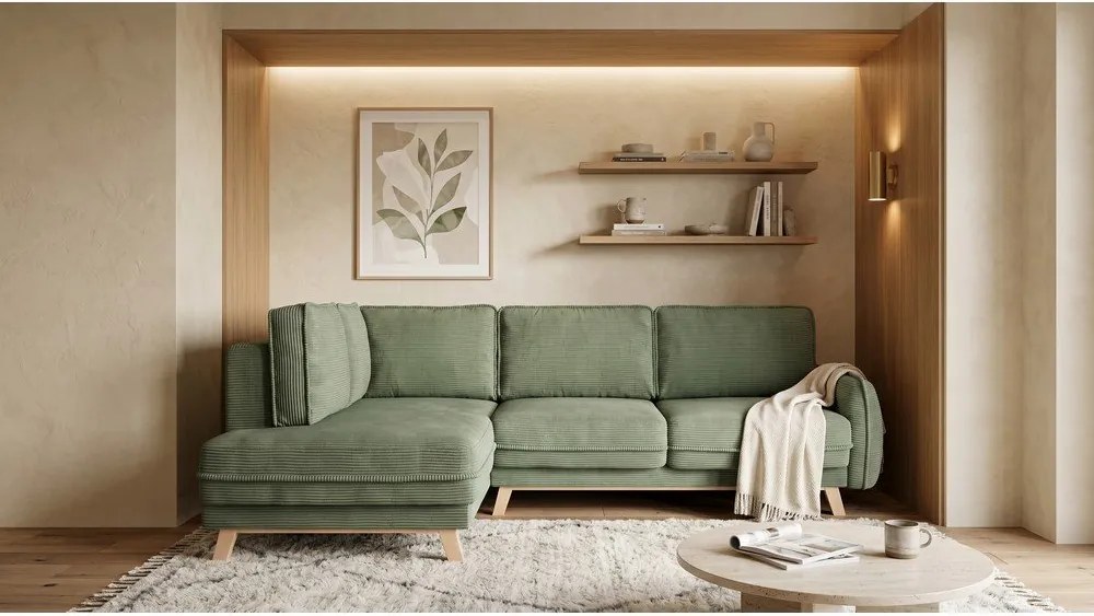 Colțar verde deschis extensibil cu tapițerie din catifea reiată (cu colț pe partea stângă ) Tori – Bonami Selection