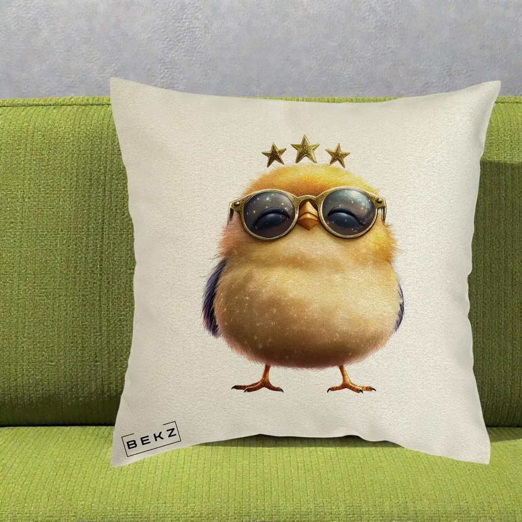 Perna Decorativa Pui Gold Star cu Ochelari Aurii, 40x40 cm, Ecru, Husa Detasabila, Perna Inclusa, BEKZ®
