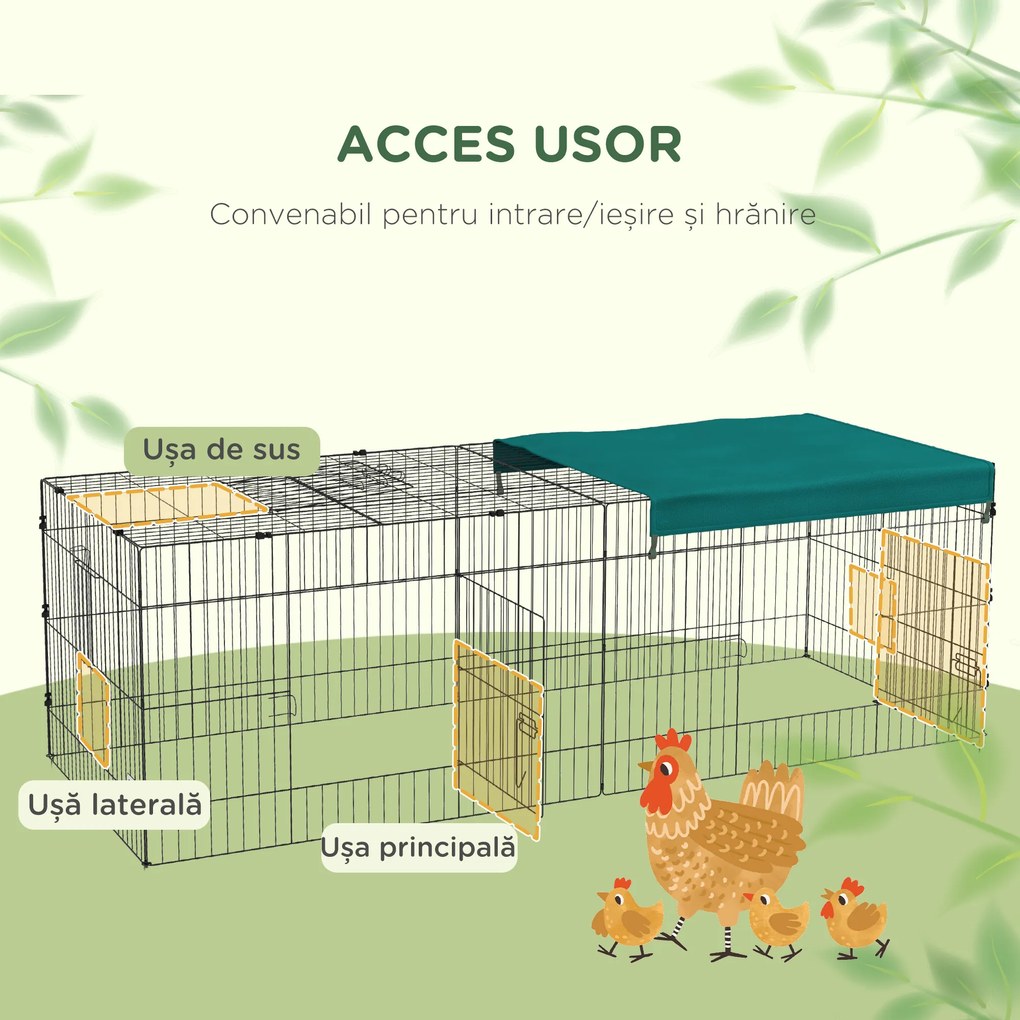 PawHut Tarc Exterior pentru Animale Mici, Spațiu pentru Pui, Iepuri, Chinchilla, cu Acoperiș, 220x85x70 cm, Verde | Aosom Romania