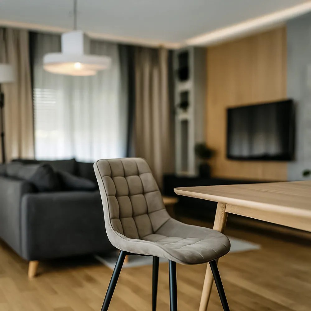 Scaun living gri deschis BUC 206 din catifea cu cadru metalic rezistent