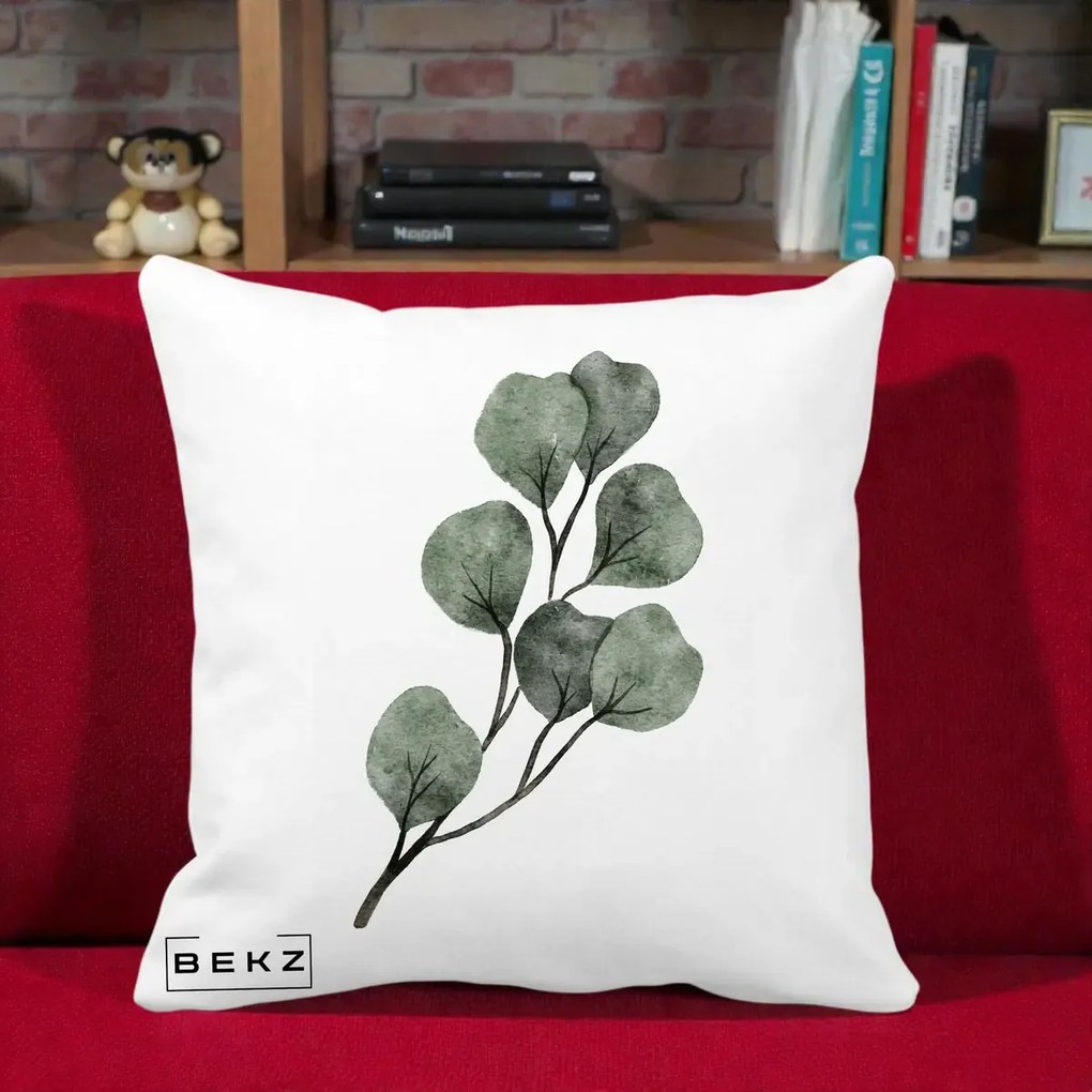 Perna Decorativa Ramura Eucalipt Acuarela, 40x40 cm, Alba Mata, Husa Detasabila, Perna Inclusa, BEKZ®