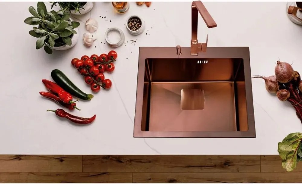 Chiuveta inox Inter Ceramic cu o cuva fara picurator finisaj cupru satinat 50x42 cm