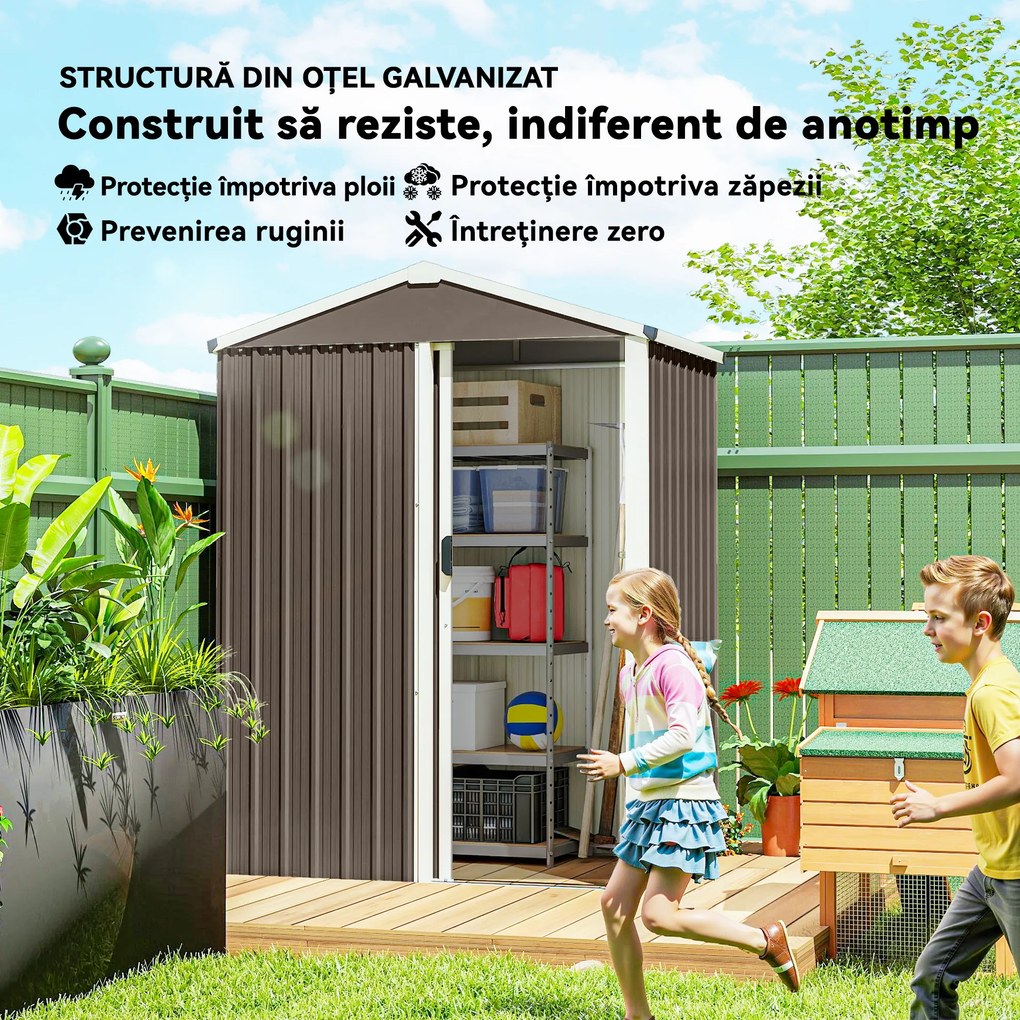 Outsunny Magazie de Grădină 1.1m² din Oțel Galvanizat, Capannă de Grădină cu Ușă Glisantă Blocabilă, Acoperiș Înclinat, Mănuși, Magazie pentru Unelte, 136x87x179 cm, Maro | Aosom Romania