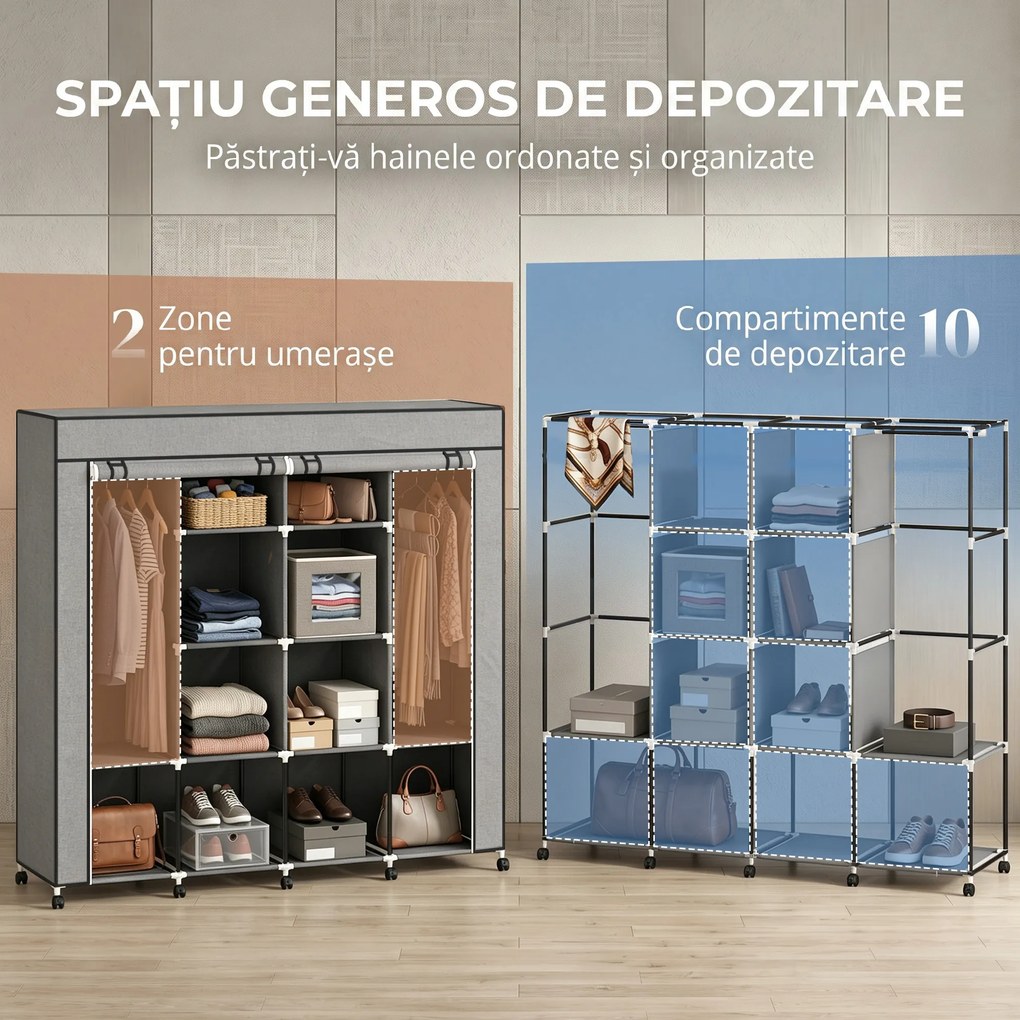 HOMCOM Dulap Textil Portabil in Material Nețesut și Oțel, cu Roți, 10 Compartimente și 2 Bare pentru Umerașe, Gri Închis | Aosom Romania