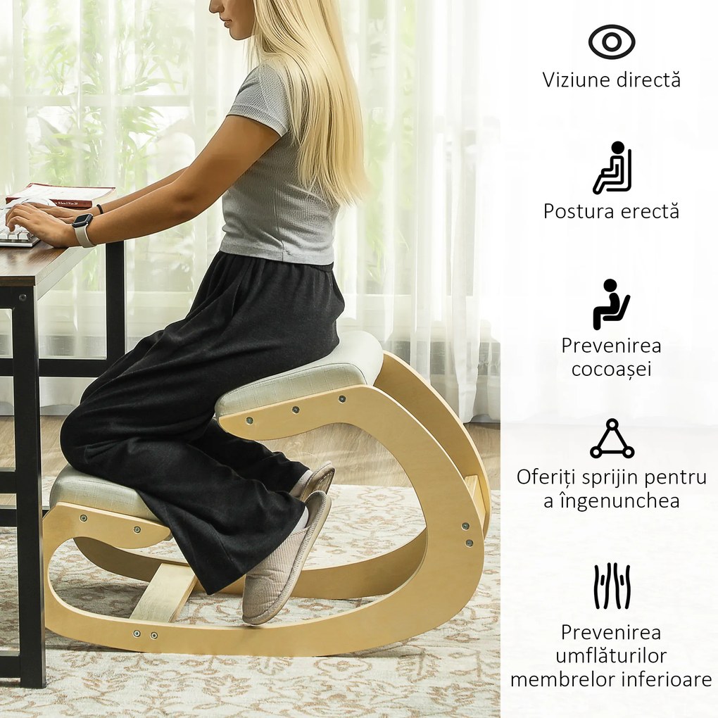 HOMCOM Scaun Ergonomic Postural din Material Textil, Scaun pentru Genunchi cu Mișcare de Legănare, 55x85x55 cm, Alb Crem | Aosom Romania
