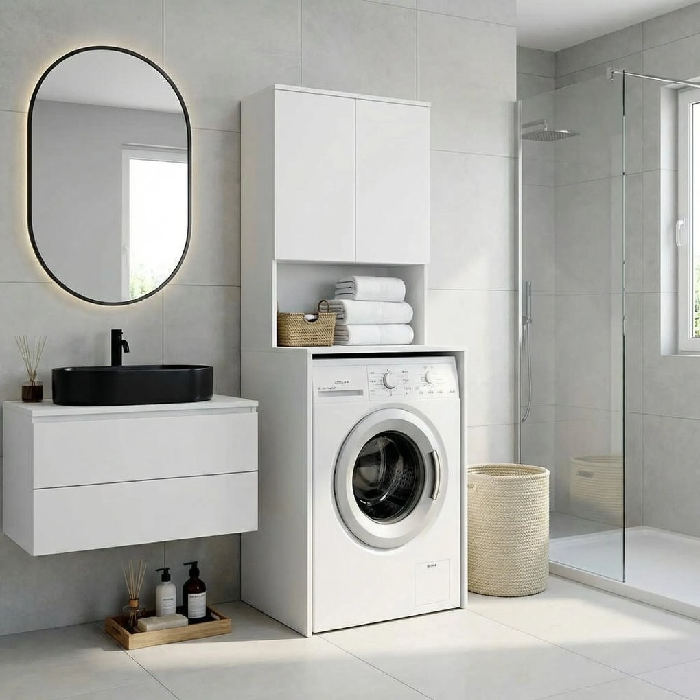 Dulap Baie Adore cu Loc Pentru Masina de Spalat, 3 Rafturi, 2 Usi, Alb, 65 x 182 x 60 cm