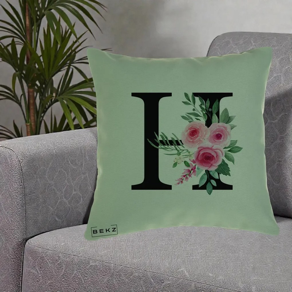 Cadou Personalizat - Perna Personalizata Monograma Florala Litera H cu Trandafiri Roz, 40x40 cm, Verde, Husa Detasabila, Perna Inclusa, BEKZ®