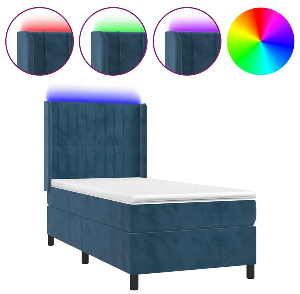 3139665 vidaXL Pat cu arcuri, saltea și LED, bleumarin, 90x200 cm, catifea