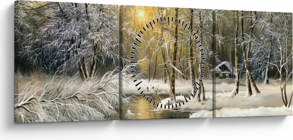 Tablou - Cabană în pădure, pictură în uei (cu ceas) (90x30 cm)