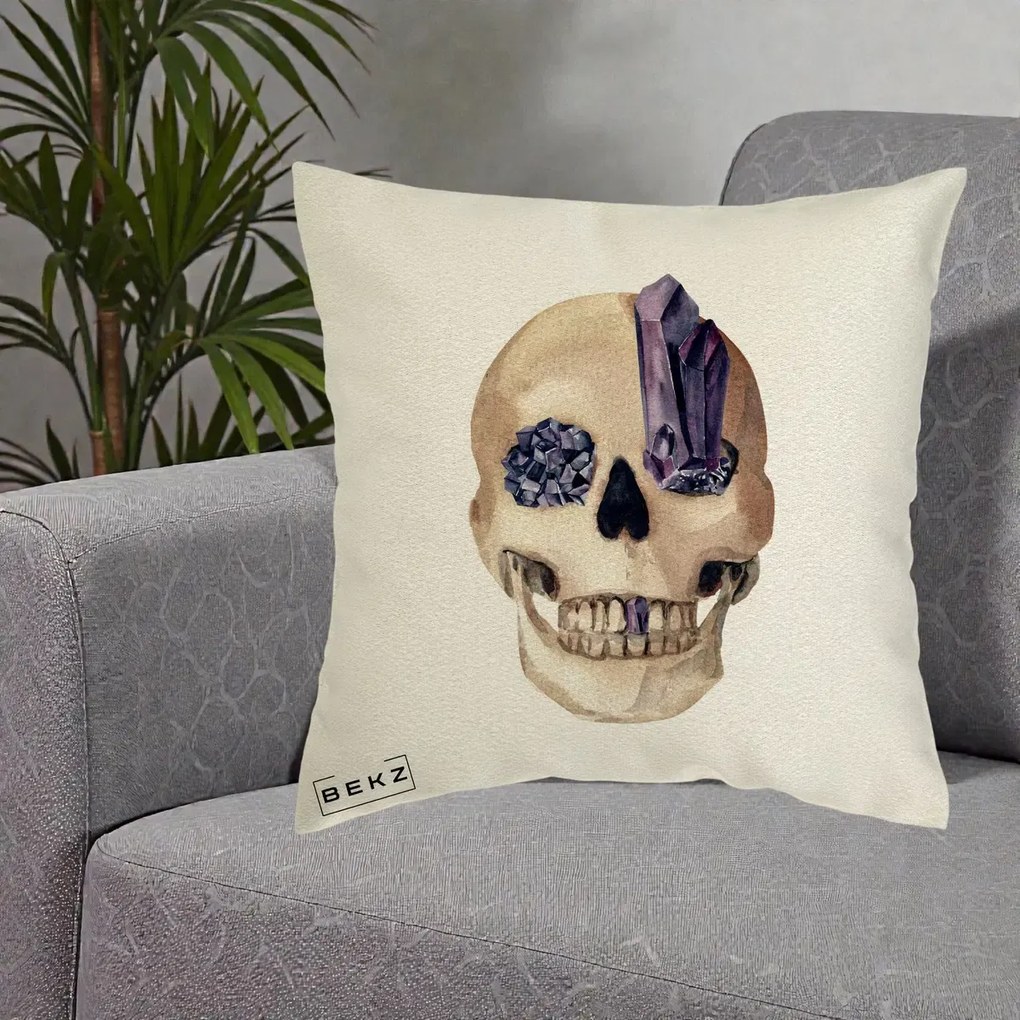 Perna Decorativa Craniu cu Cristale de Ametist, 40x40 cm, Ecru, Husa Detasabila, Perna Inclusa, BEKZ®