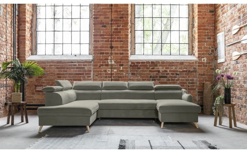 Colțar gri deschis extensibil cu tapițerie din catifea (cu colț pe partea stângă /în formă de "U") Sweet Harmony – Miuform