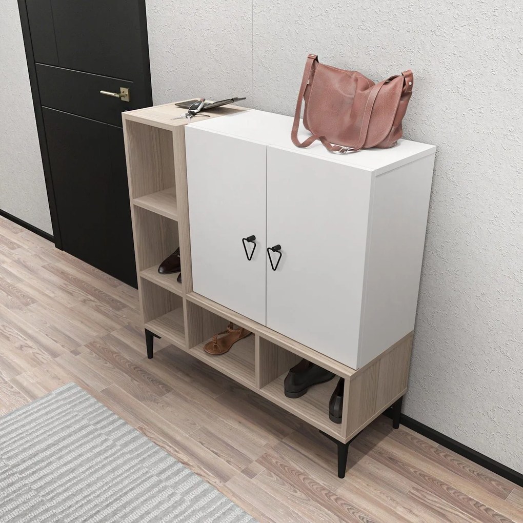 Pantofar Platin, alb/stejar, PAL melaminat, 100x35x100 cm
